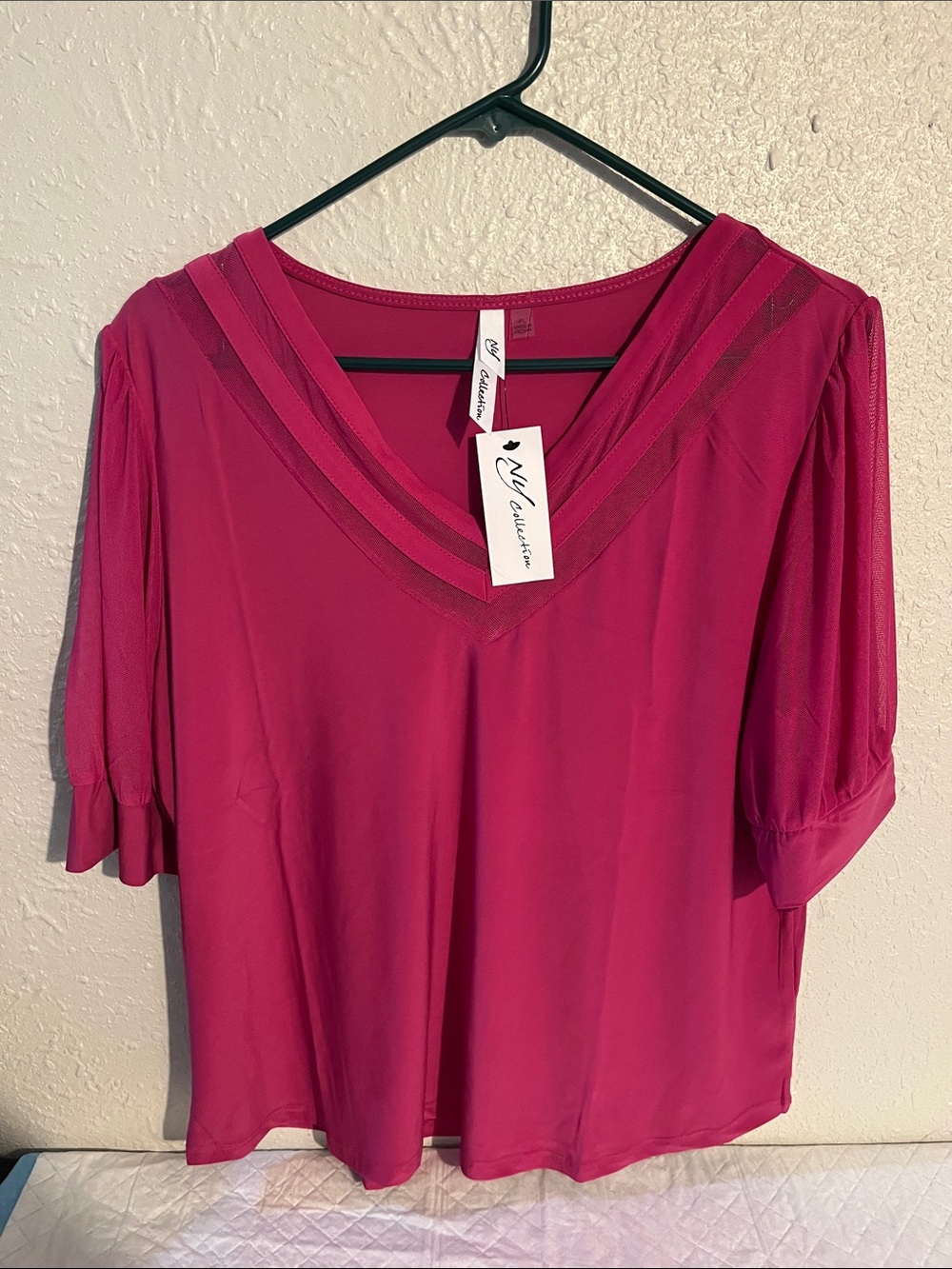 NY Collection Deep Pink V-Neck Short Sleeve Blouse